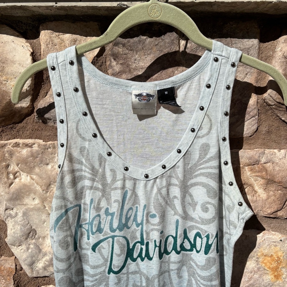 Harley Davidson Women’s Tank Top Studded Size Medium Light Blue Y2K - Picture 2 of 6